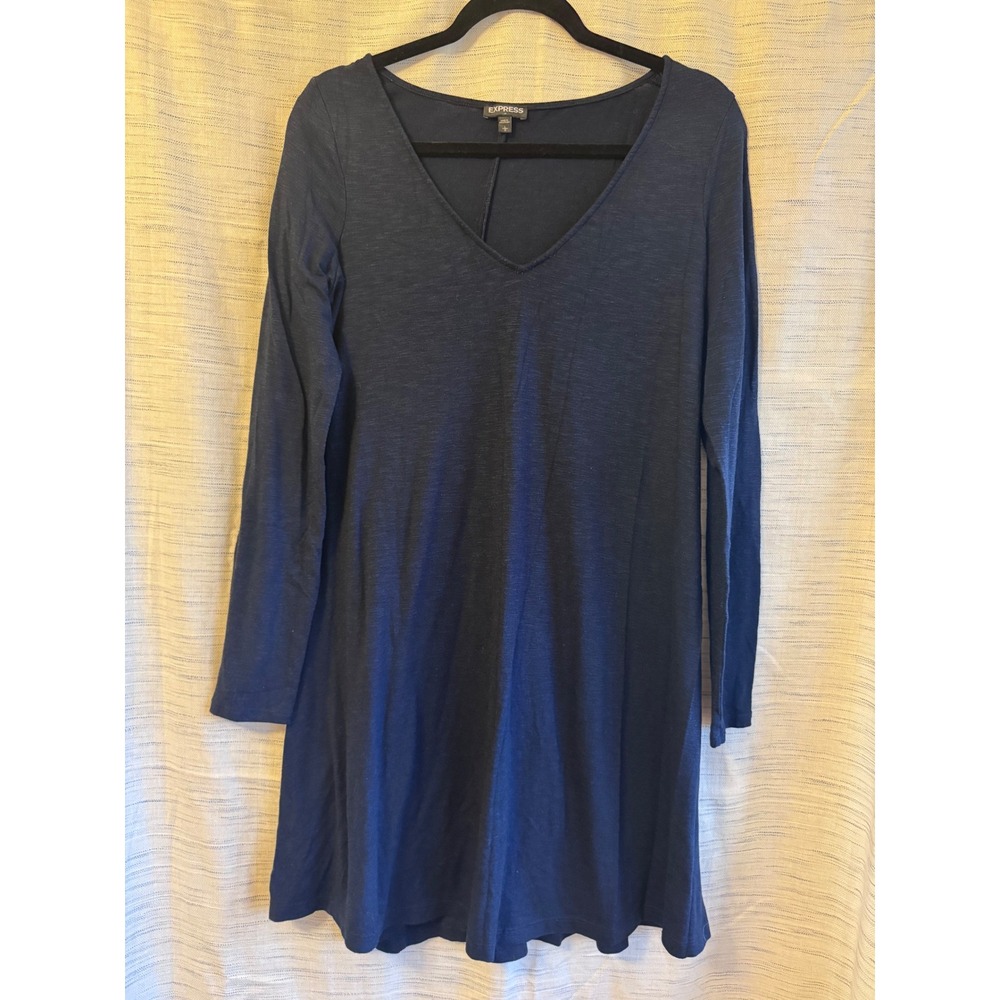 Express Navy Blue Long Sleeve V-Neck Slub Knit A-Line T-Shirt Dress Large